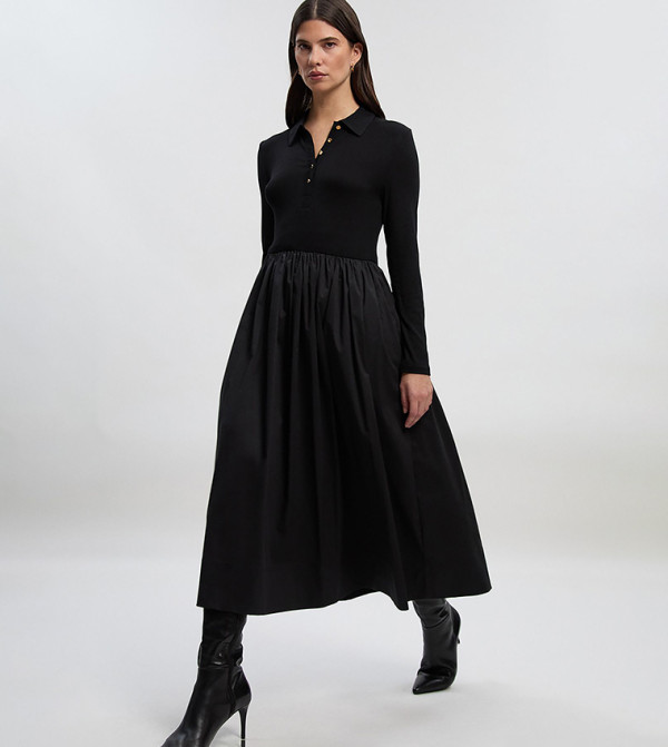 Petite Viscose Rib Button Up Collared Shirt Midaxi Dress