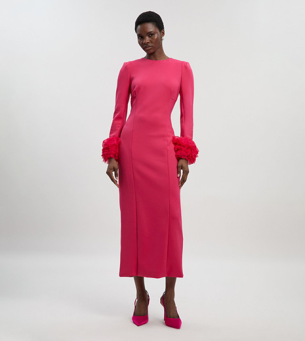 Scuba Drama Tulle Detail Cuff Woven Midi Dress