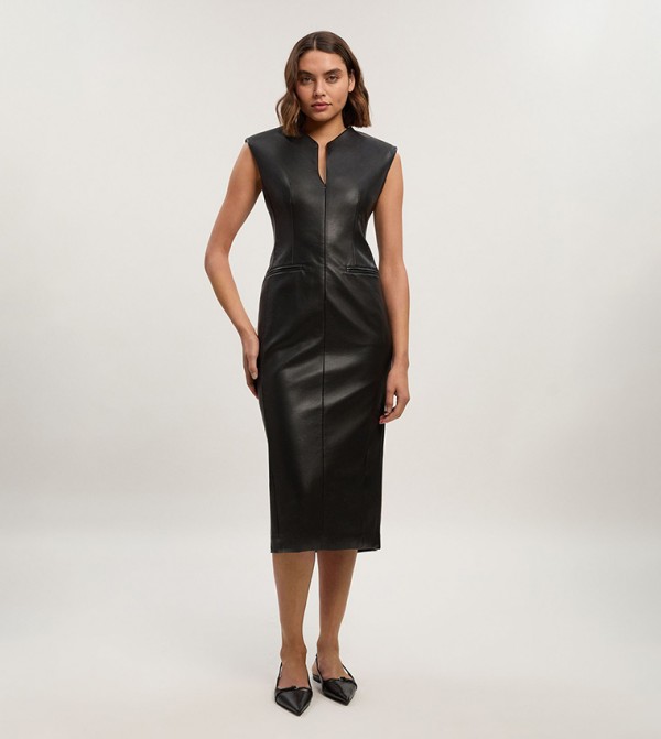 Faux Leather Tailored Pencil Midi Dress