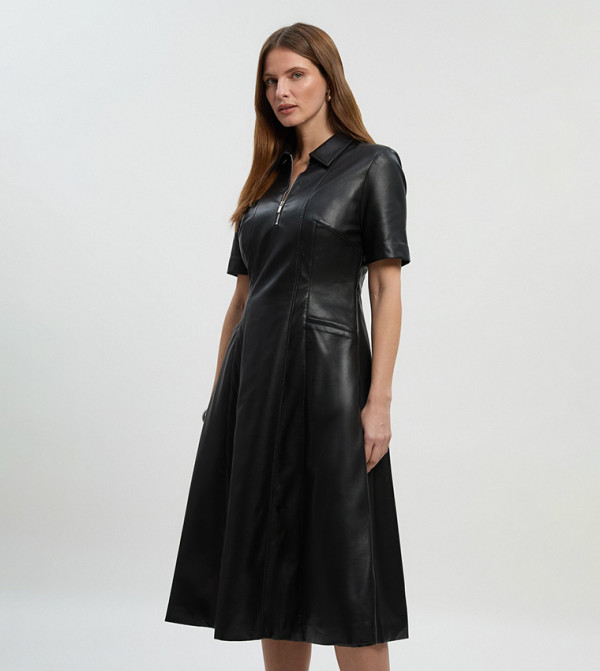 Faux Leather Collared Midi Shirt Dress