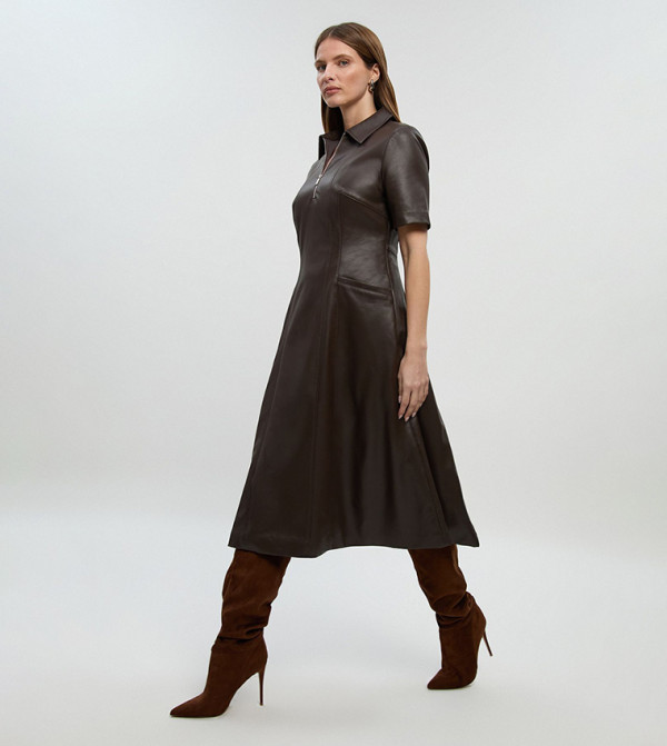 Faux Leather Collared Midi Shirt Dress