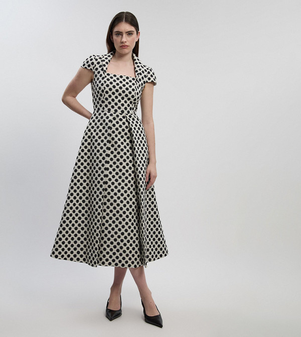 Petite Polka Dots Jacquard Square Neck Tailored Midi Dress