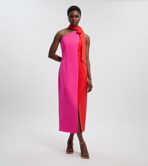 Petite Soft Tailored Color Block Bow Midi Dress