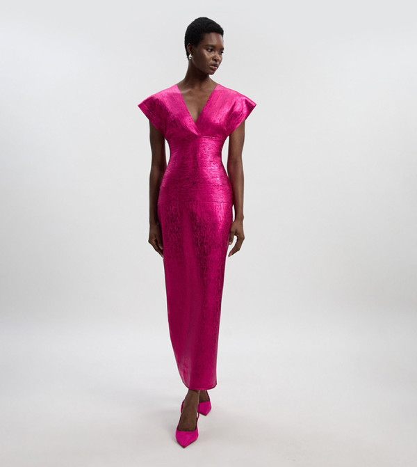 Petite Foil Metallic Figure Form Angel Sleeves Maxi Dress