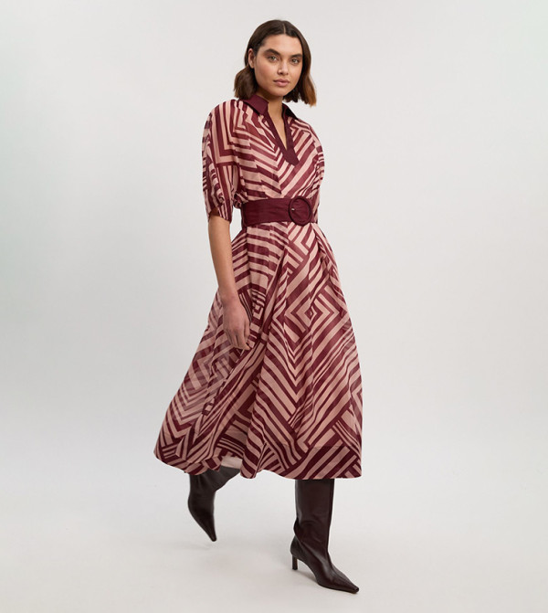 Printed Organdie Plunge Collared Midi Dress