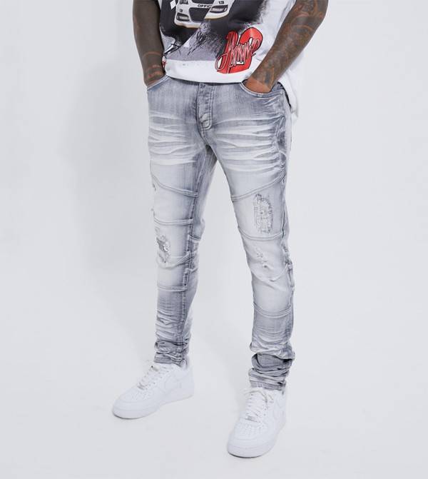 Stretch Heavy Bleached Ripped Skinny Fit Jeans