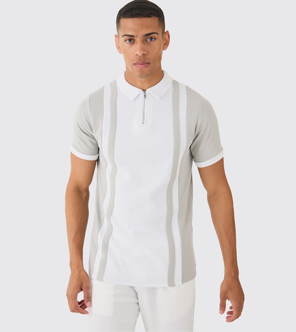 Slim Fit Paneled Zip Neck Interlock Polo T-Shirt
