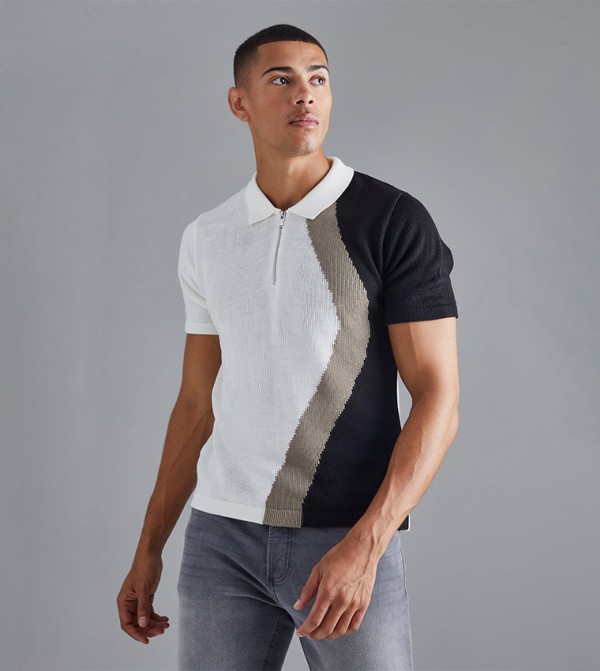 Regular Fit Curved Jacquard Half Zip Knitted Polo T-Shirt