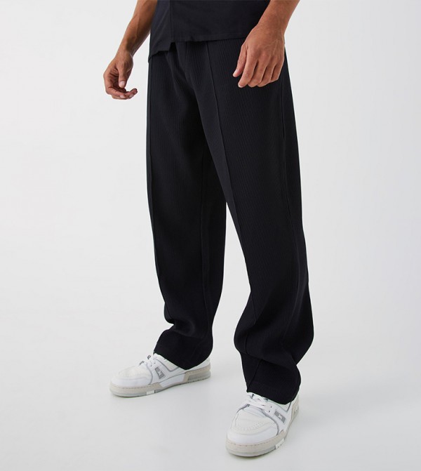 Elastic Waist Relaxed Fit Pleated Trousers