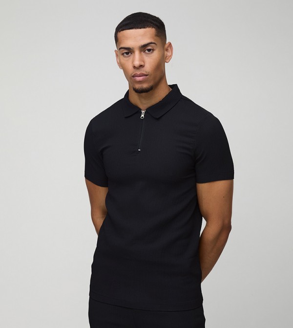 Solid Short Sleeves Pleated Stretch Fit Polo T-Shirt