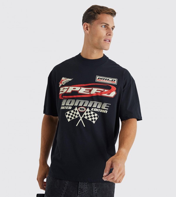 Plus & Tall Moto Racing Print Oversized T-Shirt