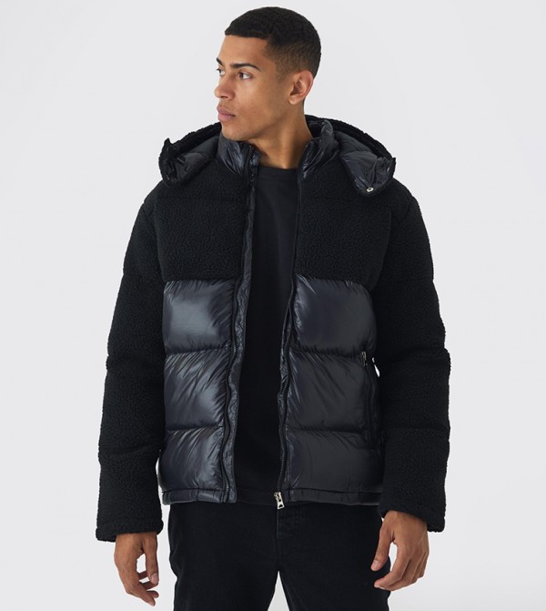 Borg and Glossy Hooded Puffer Jacket