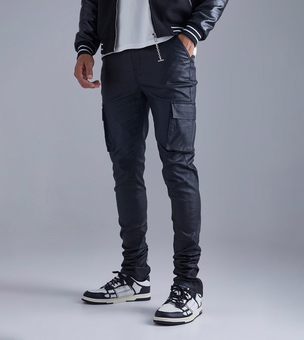 Tall Skinny Stacked Coated Twill Cargo Trousers