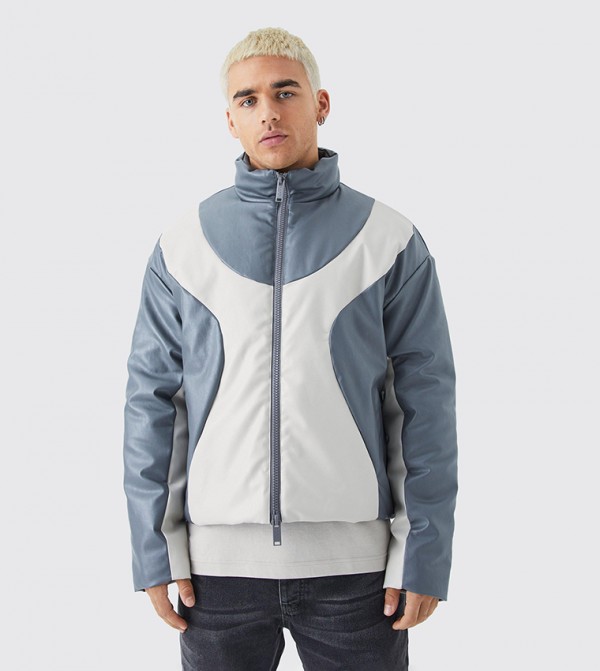 Boxy PU Funnel Neck Paneled Bomber Jacket