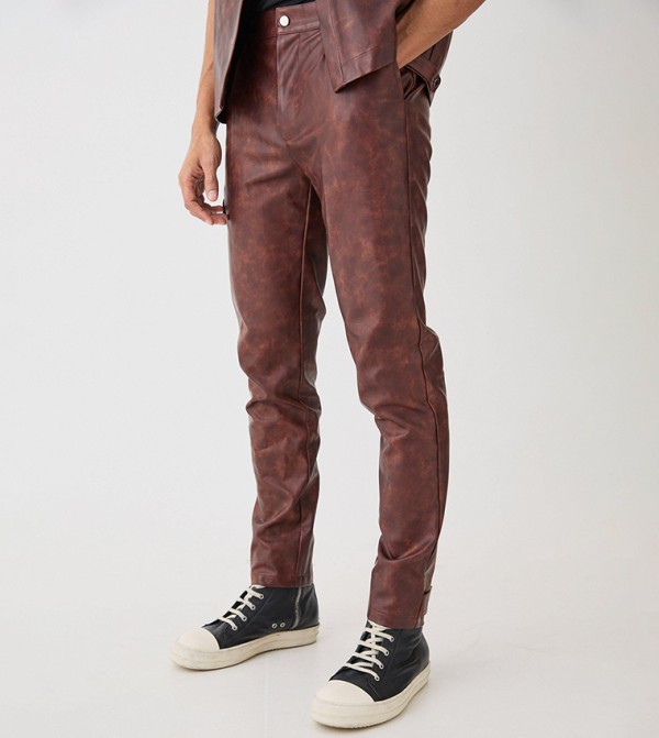 Fixed Waist Slim Fit Textured PU Trousers