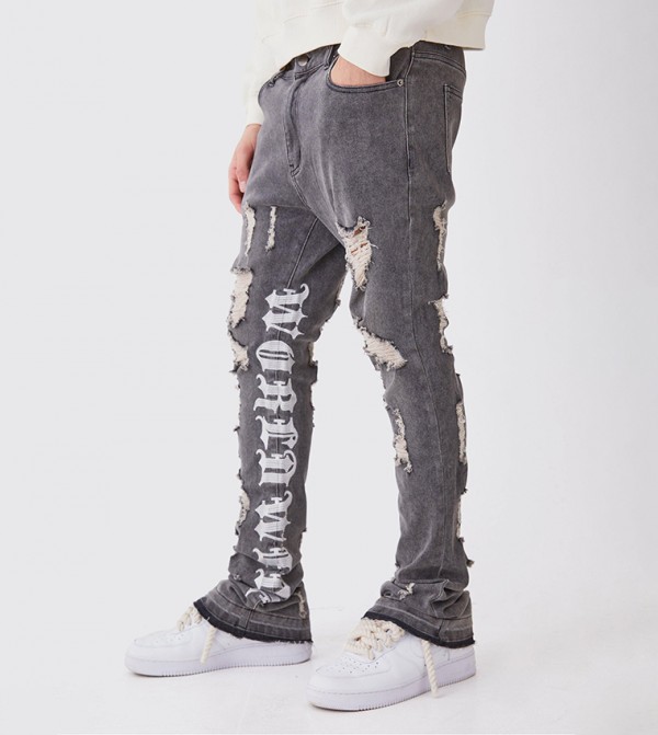Stretch Distressed Embroidered Gusset Skinny Fit Jeans