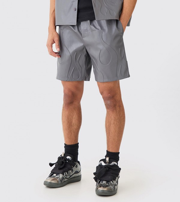 Flame Embossed Elastic Waist Relaxed Fit PU Shorts