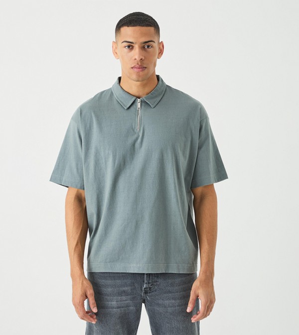 Heavy Zip Neck Oversized Polo T-Shirt