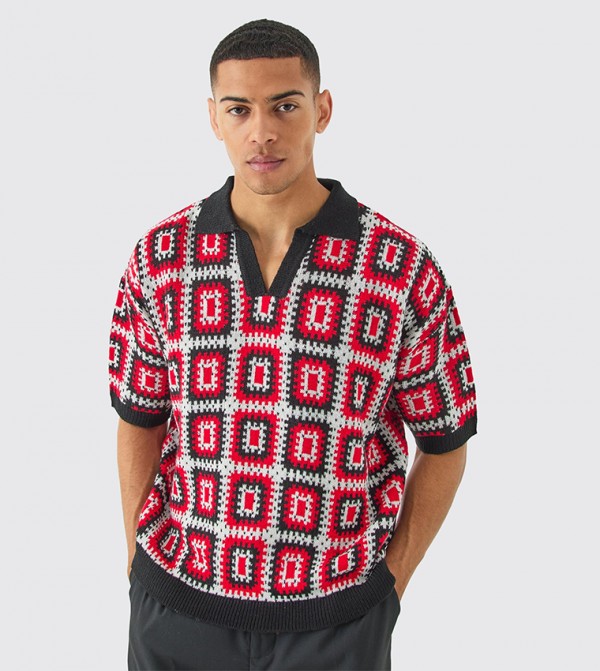 Short Sleeves Boxy Fit Revere Collar Crochet Polo T-Shirt