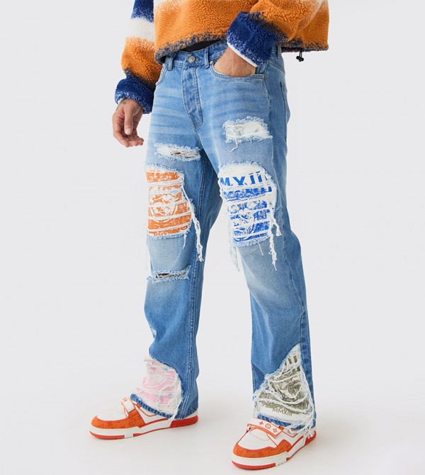 Ripped Applique Flared Jeans