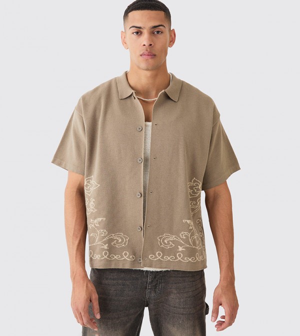 Boxy Jacquard Knit Abstract Detail Shirt