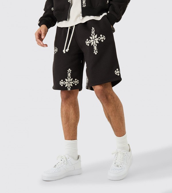 Mid Rise Cross Print Oversized Shorts