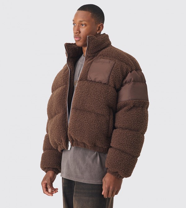 Borg & Nylon High Neck Puffer Jacket