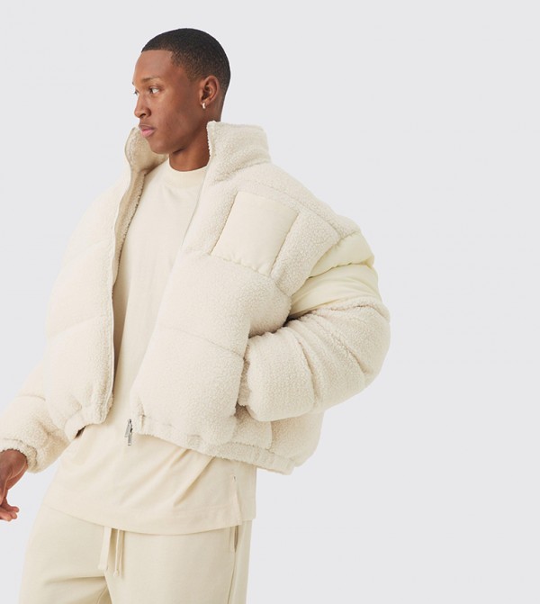 Borg & Nylon Funnel Neck Puffer Jacket