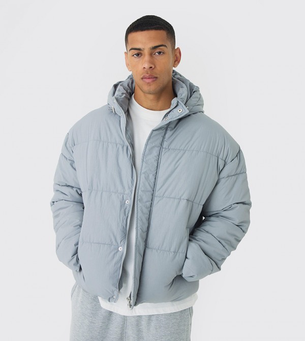 Crinkled Boxy Fit Nylon Puffer Jacket