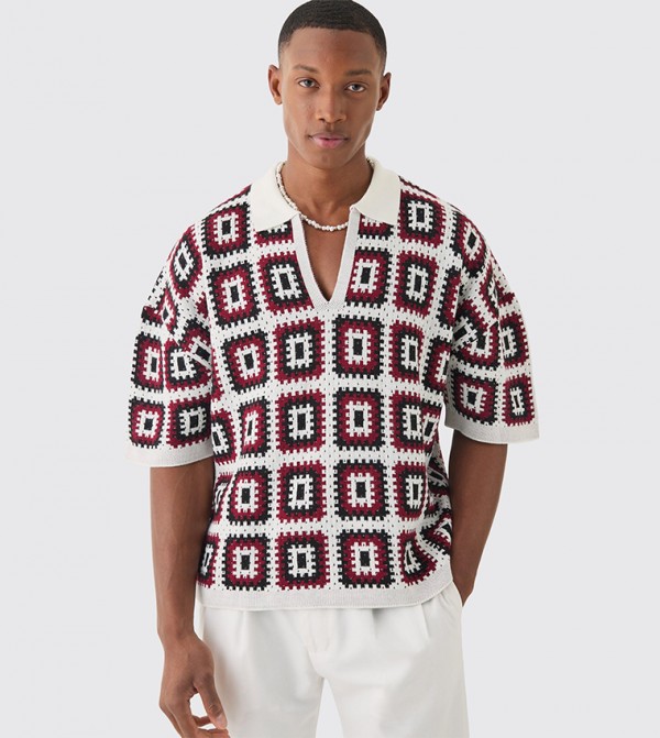 Crochet Knit Oversized Polo T-Shirt