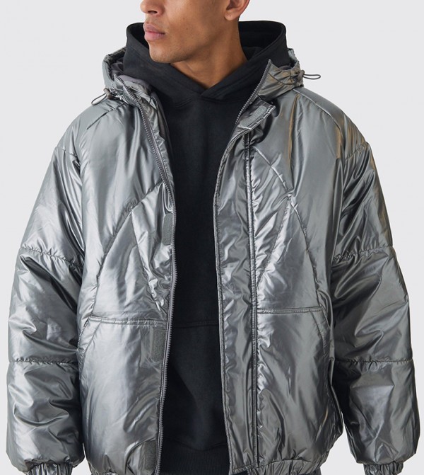 Metallic Oversized Hooded Puffer Jacket