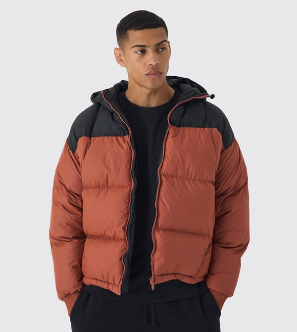 Boxy Curved Color Block Hooded Puffer Jacket