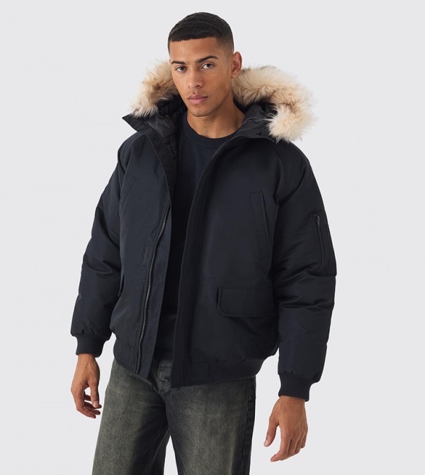 Removeable Faux Fur Trim Hooded Parka Jacket