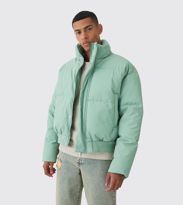 Matte PU High Neck Puffer Jacket
