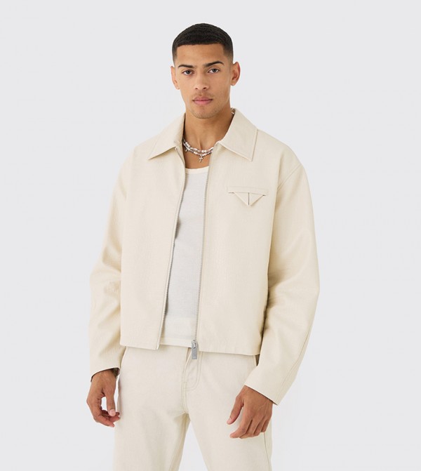 Boxy Textured PU Collared Bomber Jacket