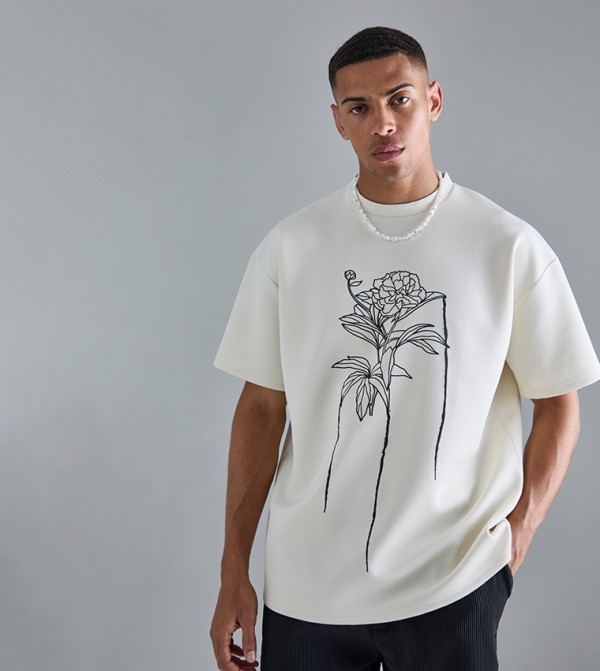 Floral Line Drawing Scuba Oversized T-Shirt