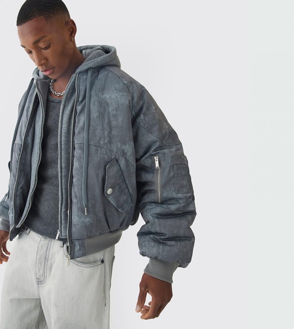 Boxy Washed Padded Hooded Bomber Jacket