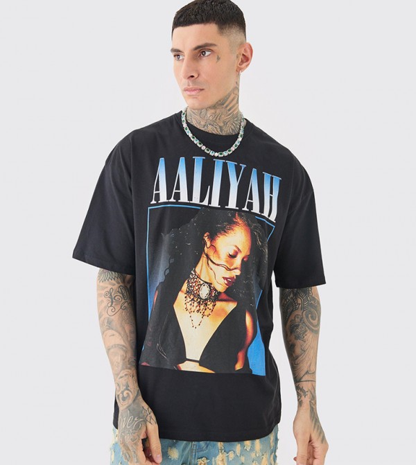 Tall Aaliyah License Printed T-Shirt Black