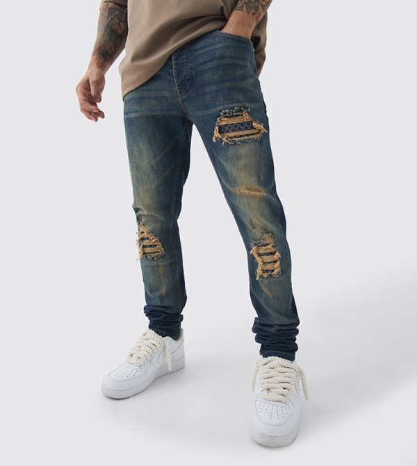Stretch Stacked Bandana Rip & Repair Skinny Fit Jeans
