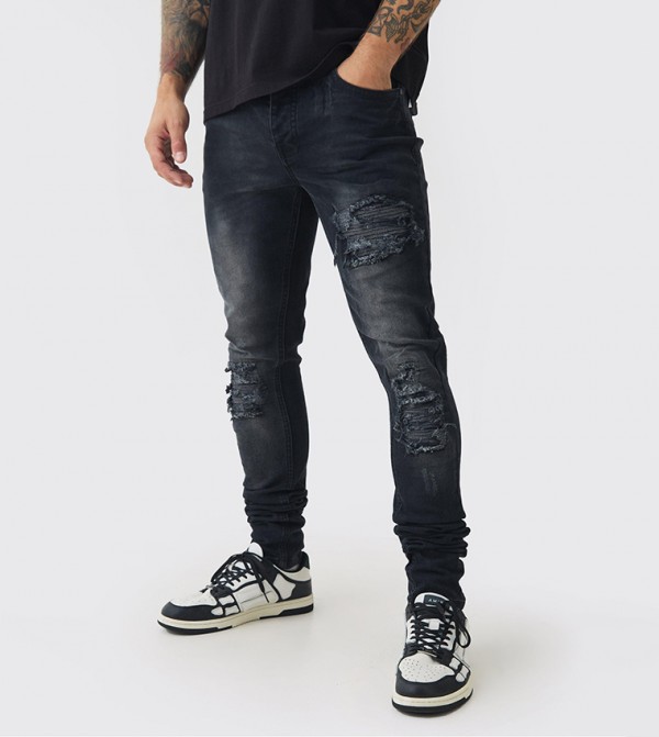 Stretch Stacked Biker Ripped Skinny Fit Jeans