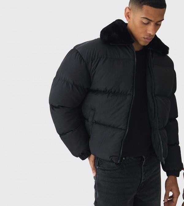 Faux Fur Collar Boxy Fit Puffer Jacket