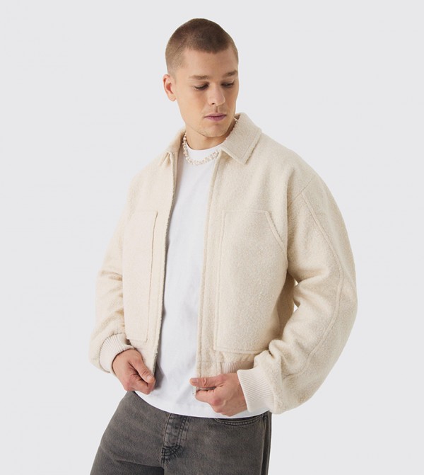 Boxy Boucle Ruched Sleeves Bomber Jacket