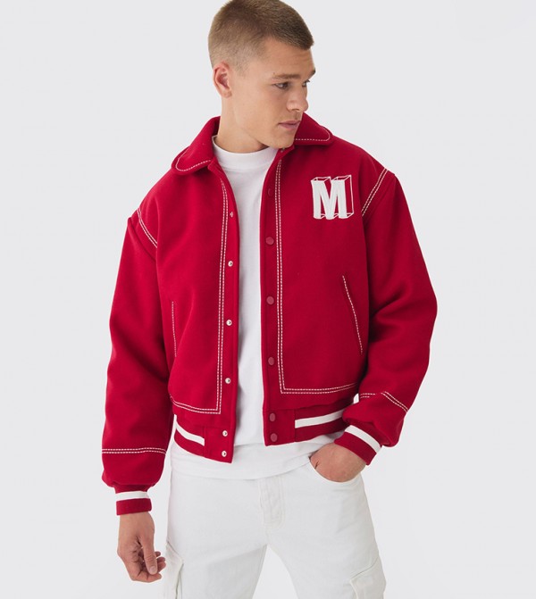 Boxy Stitch Detail Melton Varsity Jacket