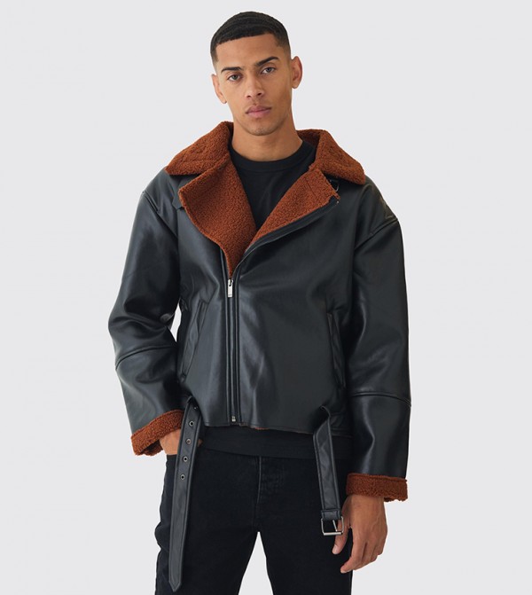 PU Boxy Fit Borg Trim Aviator Jacket