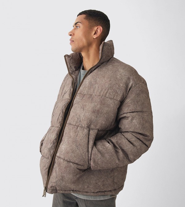 Crinkled High Neck Oversized Puffer Jacket