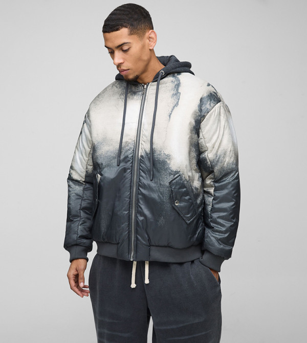 Abstract Print Oversized Hooded Bomber Jacket