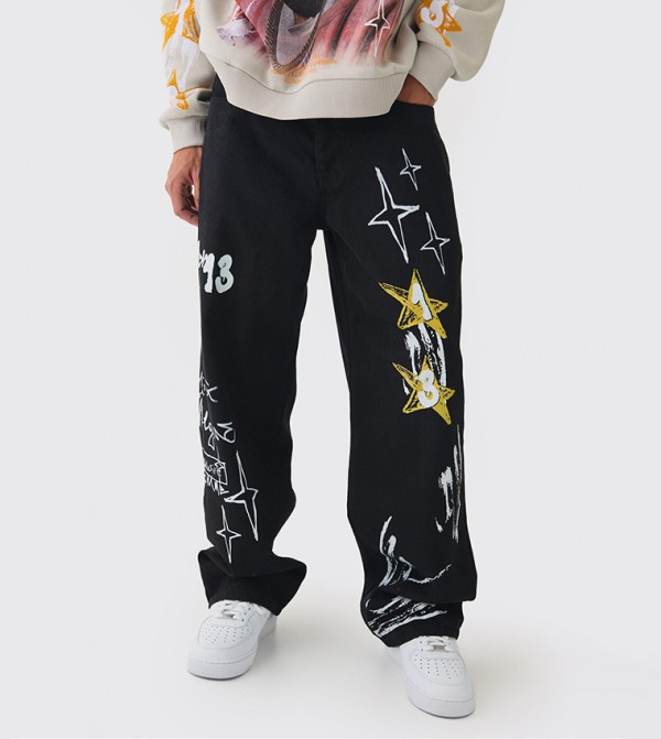 Rigid Graffiti Printed Baggy Jeans