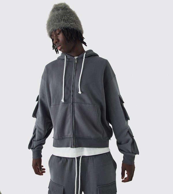 Utility Zip-Through Brushback Oversized Hooded Jacket
