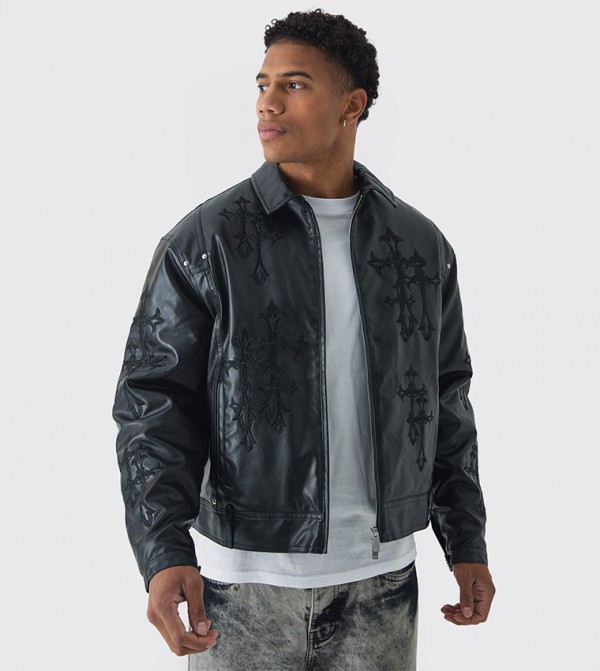 Cross Applique PU Biker Jacket