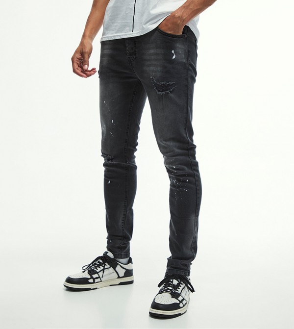 Stretch Knee Ripped Paint Splatter Skinny Fit Jeans